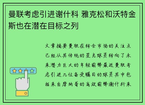 曼联考虑引进谢什科 雅克松和沃特金斯也在潜在目标之列 曼联考虑引进谢什科 雅克松和沃特金斯也在潜在目标之列