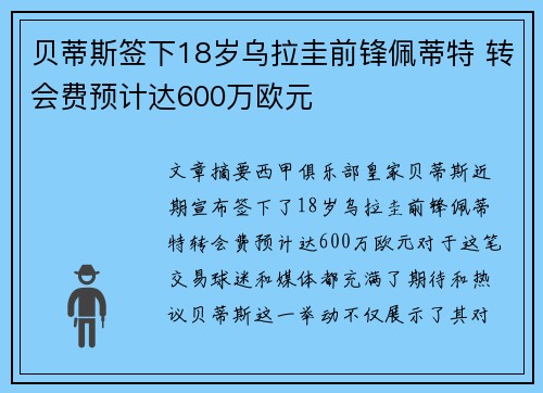 贝蒂斯签下18岁乌拉圭前锋佩蒂特 转会费预计达600万欧元