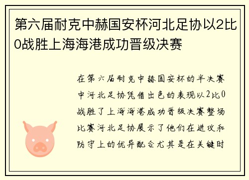 第六届耐克中赫国安杯河北足协以2比0战胜上海海港成功晋级决赛