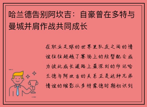 哈兰德告别阿坎吉:自豪曾在多特与曼城并肩作战共同成长 哈兰德告别阿坎吉:自豪曾在多特与曼城并肩作战共同成长