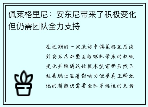 佩莱格里尼:安东尼带来了积极变化但仍需团队全力支持 佩莱格里尼:安东尼带来了积极变化但仍需团队全力支持